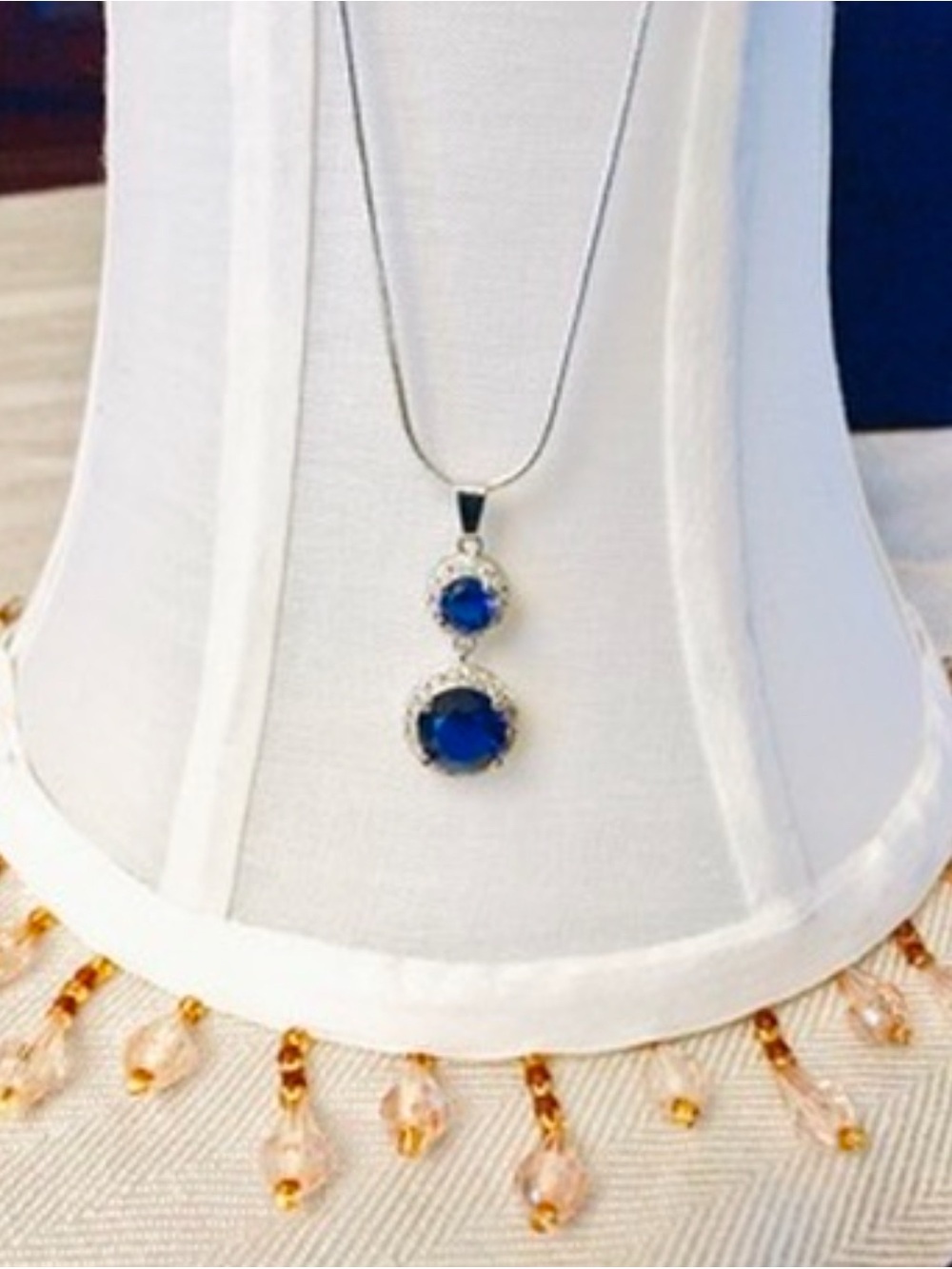Sterling-Inspired Necklace with Sapphire Crystal Double Drop White Topaz Accents